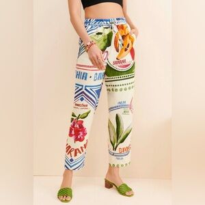 NWOT Farm Rio Women's Stamps Linen Pants w/ Pockets & Beaded Tassels. Size Small